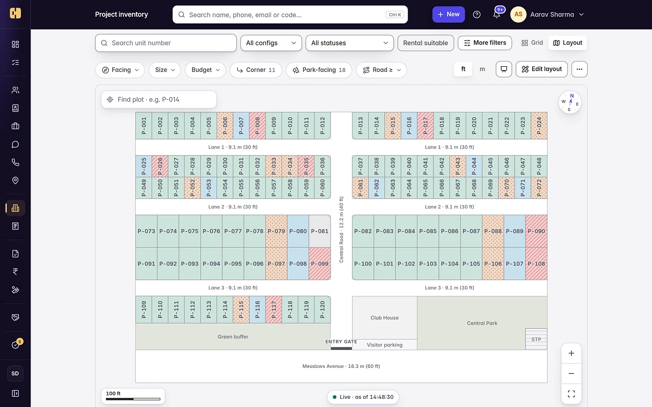 Saudaflow ILMS Layout view of Skyline Meadows, a 120-plot demo project. Every plot is coloured by its live inventory status — available, on hold, booked or sold — with facing, size, budget, corner, park-facing and road filters, a compass, a scale bar and a live timestamp.