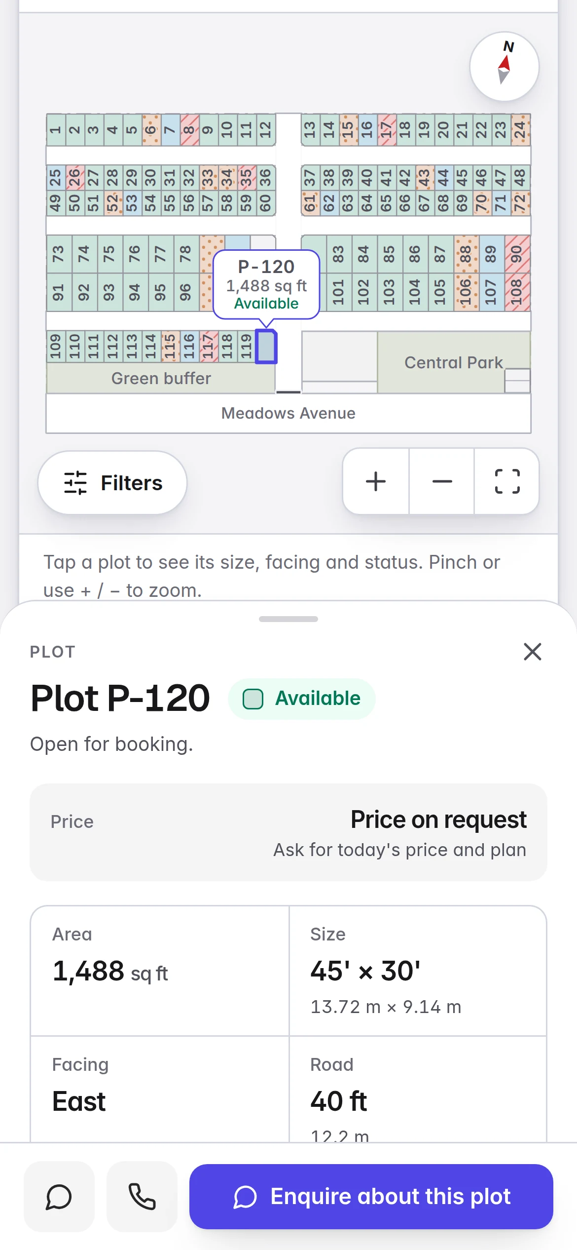 A buyer’s live layout link open on a phone: the site plan with plot P-120 tapped, showing Available, price on request, area 1,488 sq ft, size 45 by 30 feet, East facing, a 40 ft road and an Enquire about this plot button.
