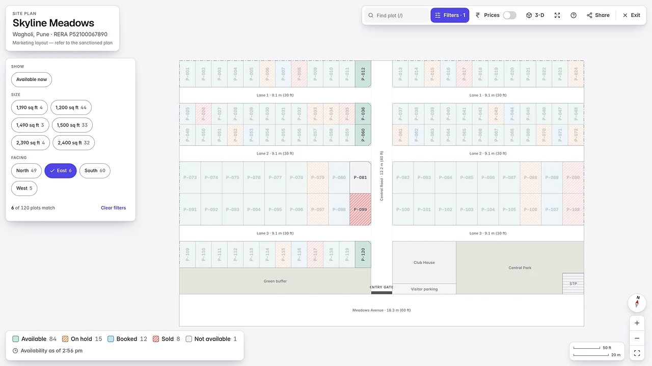 Presentation mode on a large screen: the Skyline Meadows site plan with the East facing filter on, so the six east-facing plots stand out while the rest fade, with size and facing filters, a legend of live counts and the time availability was last checked.