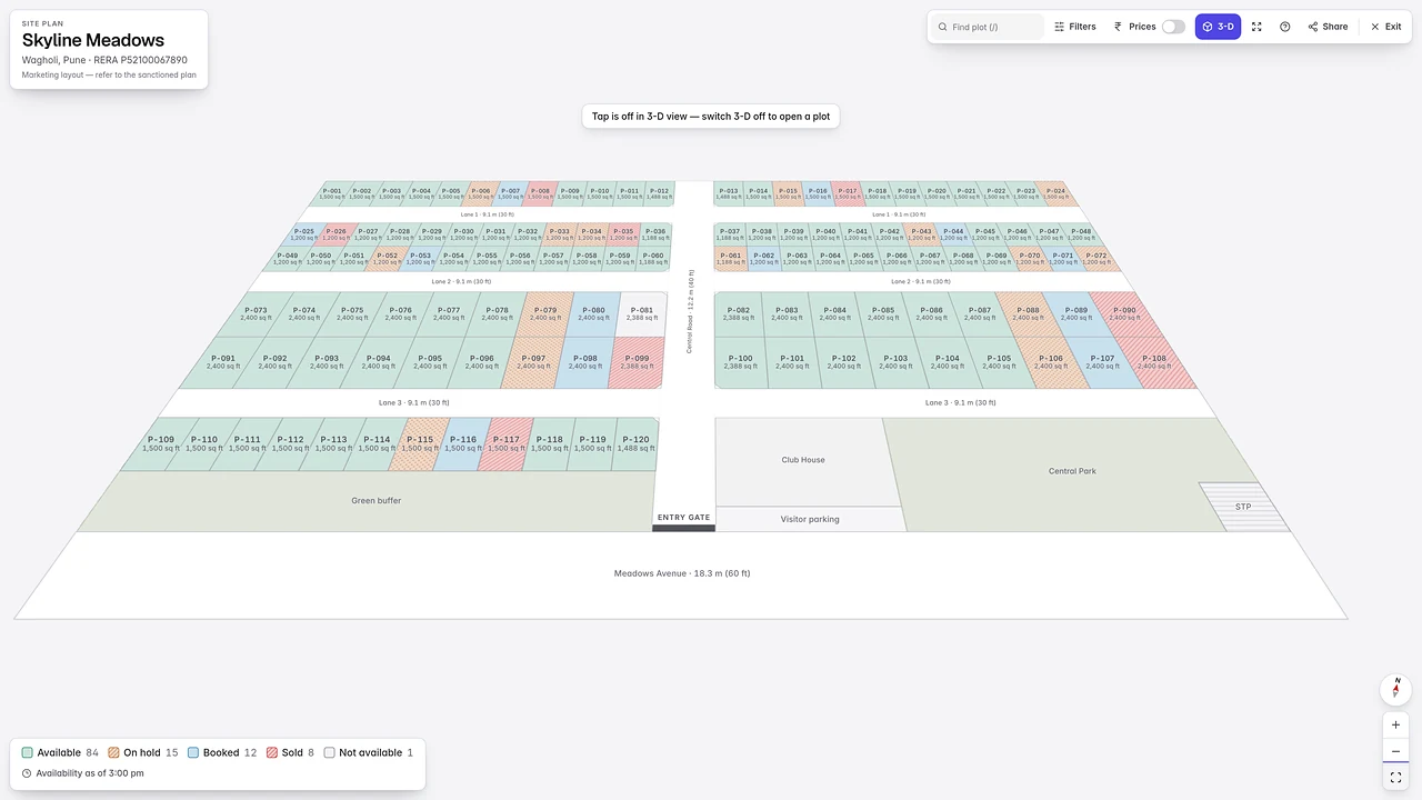 Presentation mode in 3-D view: the same site plan tilted like a model on a table, with every plot’s number, size and status still readable, and the legend of live counts.