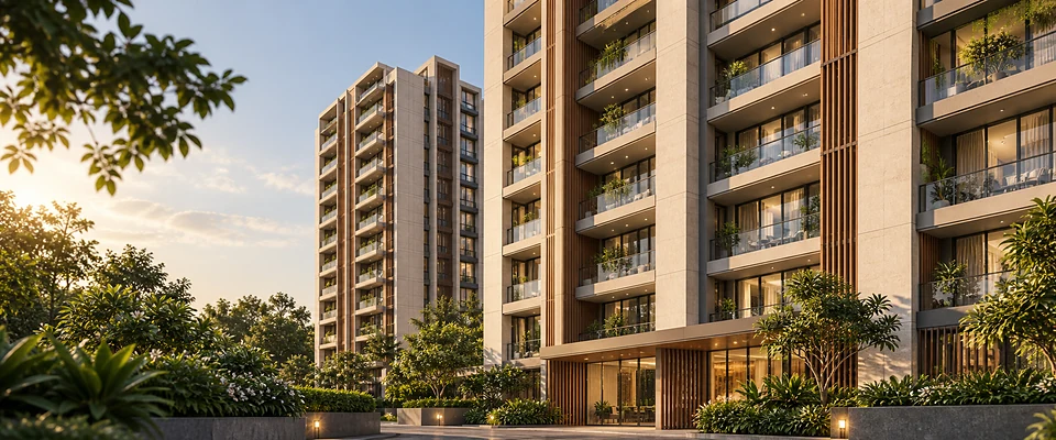 Conceptual Indian apartment facade showing balconies and distinct floors.