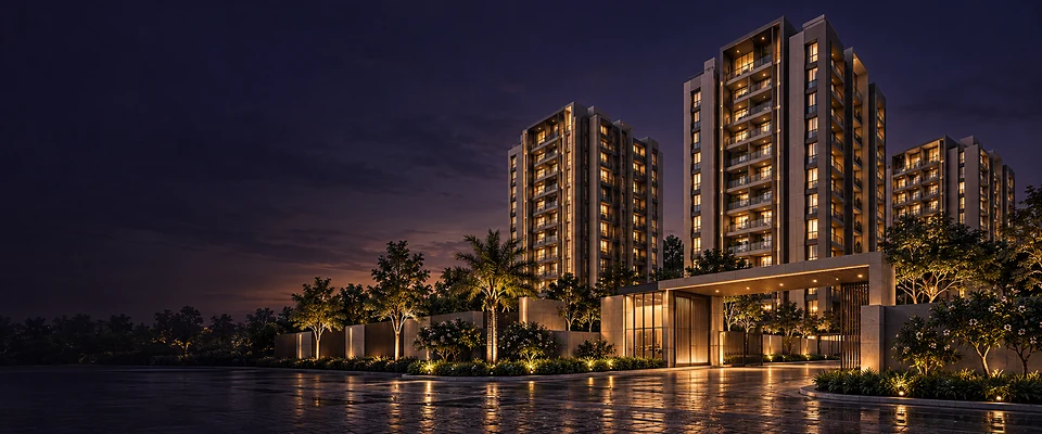 Conceptual Indian apartment towers with warm windows at dusk.
