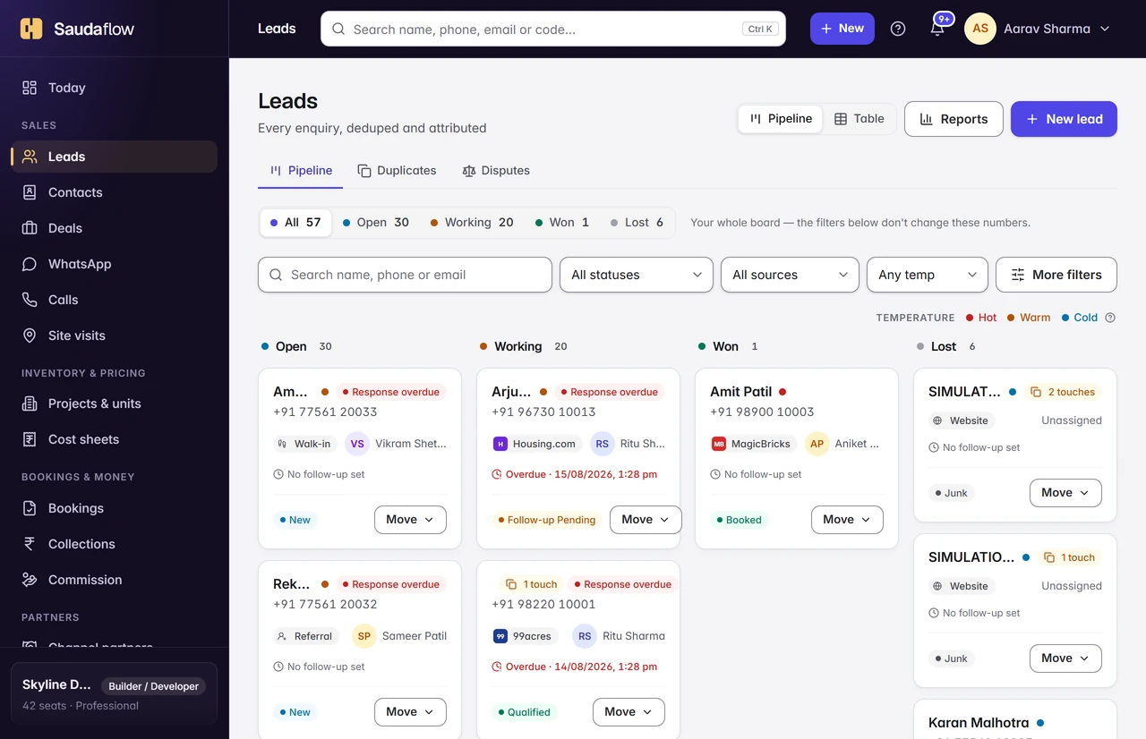 Saudaflow lead pipeline with sources, stages and next follow-ups in the demonstration workspace.