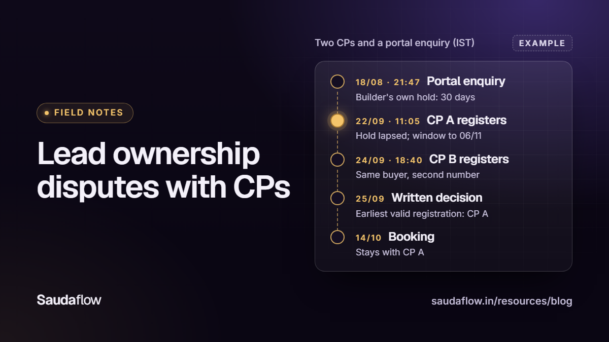 Example timeline: a builder's portal enquiry on 18/08 holds the buyer 30 days; CP A registers on 22/09 at 11:05 after it lapses; CP B registers on 24/09; a written decision on 25/09 gives the buyer to CP A, and the 14/10 booking stays with CP A.