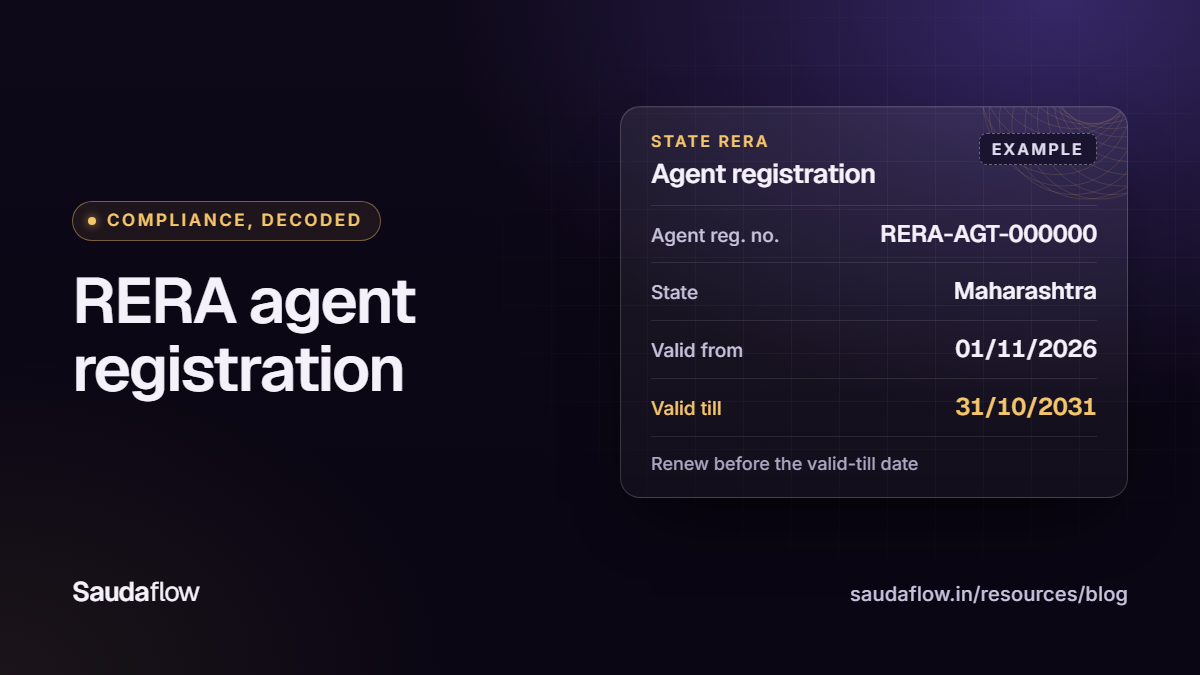 RERA agent registration: an example state RERA agent registration card for Maharashtra, with placeholder number RERA-AGT-000000, valid from 01/11/2026 to 31/10/2031, and the note: renew before the valid-till date