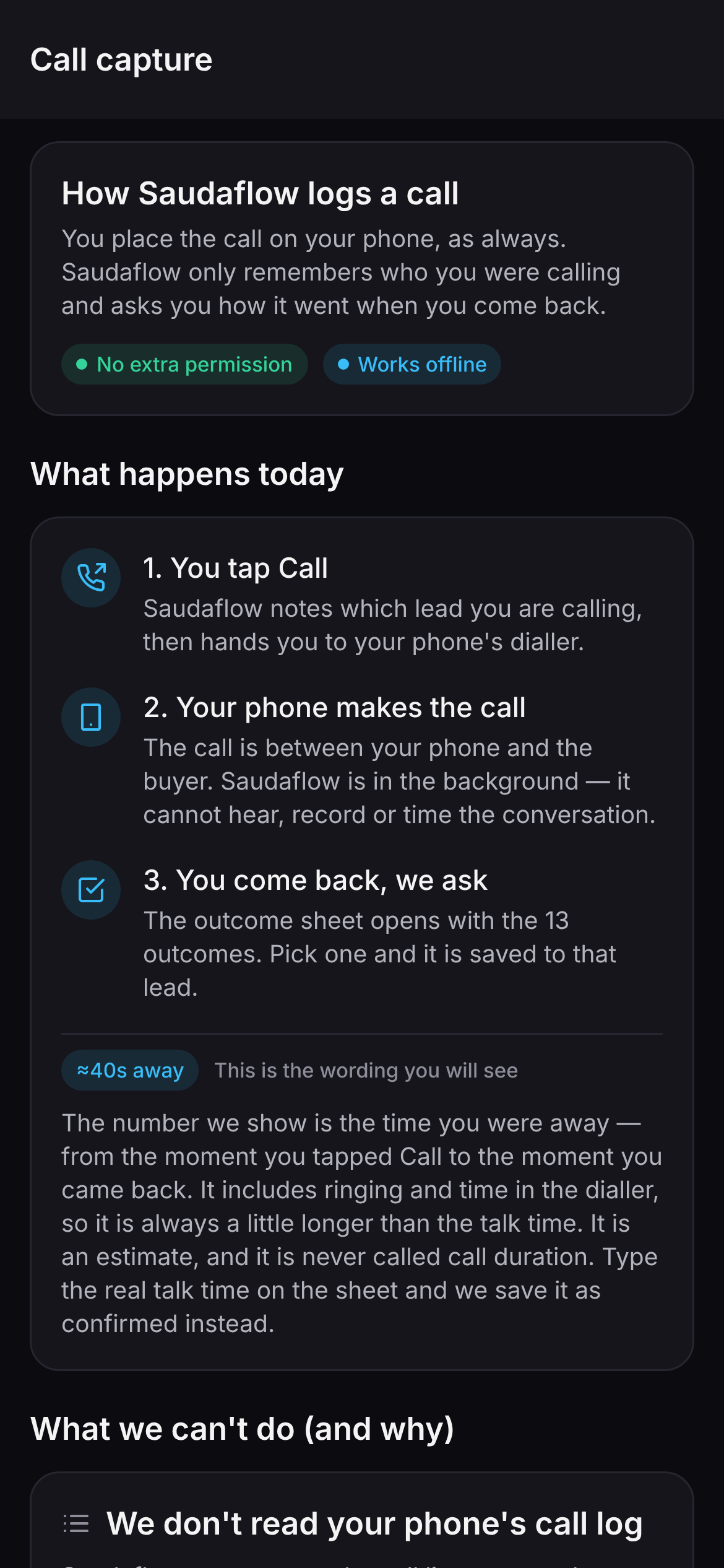 Saudaflow's call-capture screen on Android, explaining that the app never reads the phone's call log and asks for the outcome when you return from the dialler.