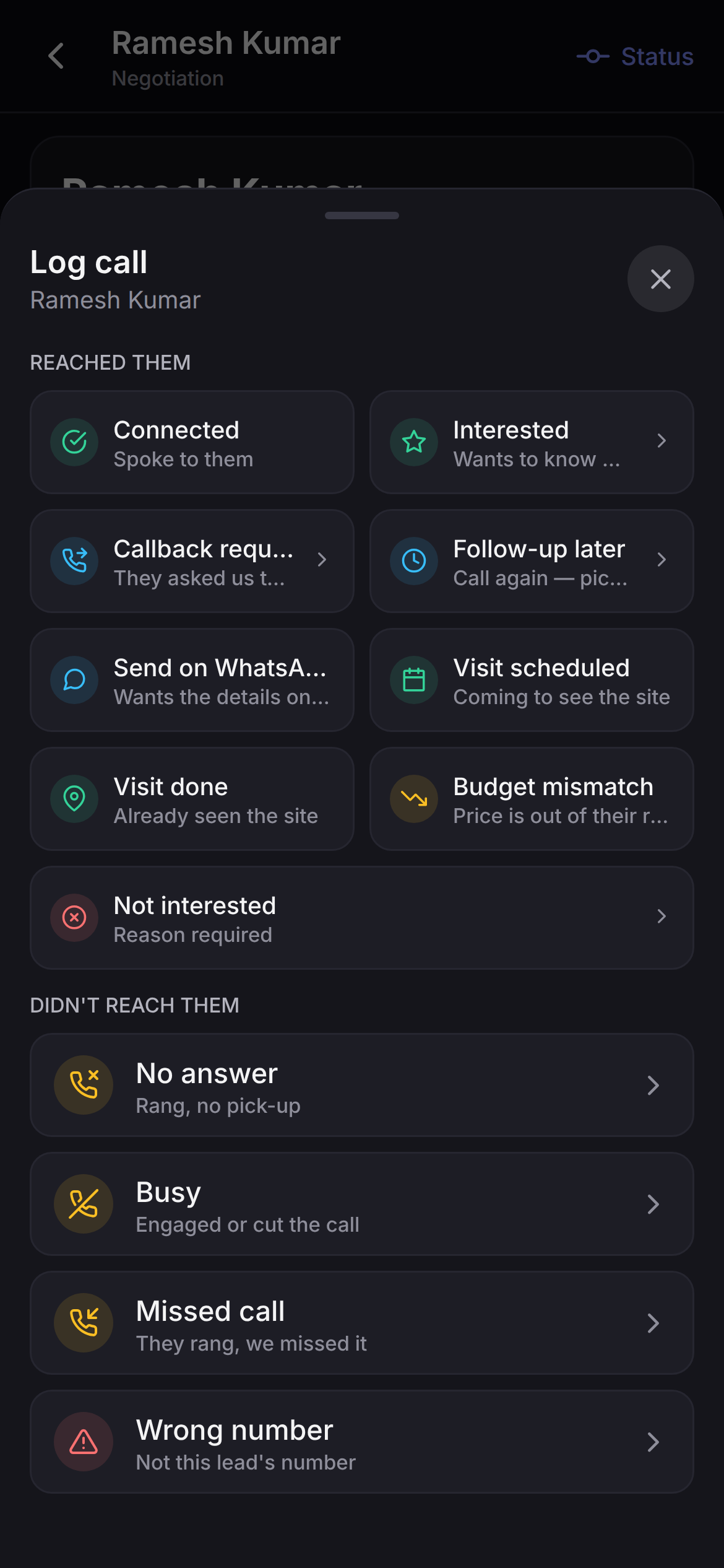 Saudaflow's post-call sheet on Android, showing all thirteen call outcomes grouped into nine reached them and four didn't reach them.