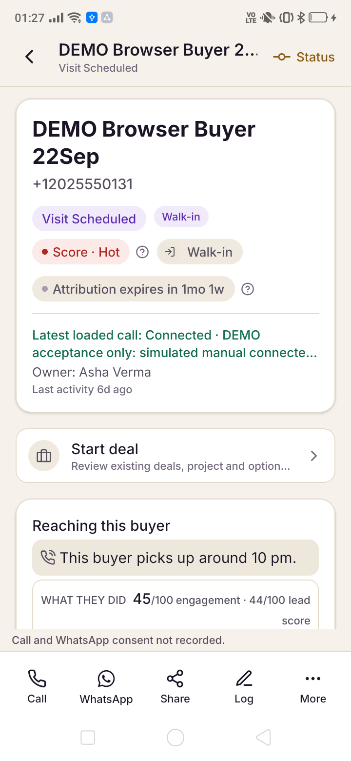 Demo buyer workspace showing visit-scheduled stage, owner, recorded activity and manual call, WhatsApp, share and log actions.