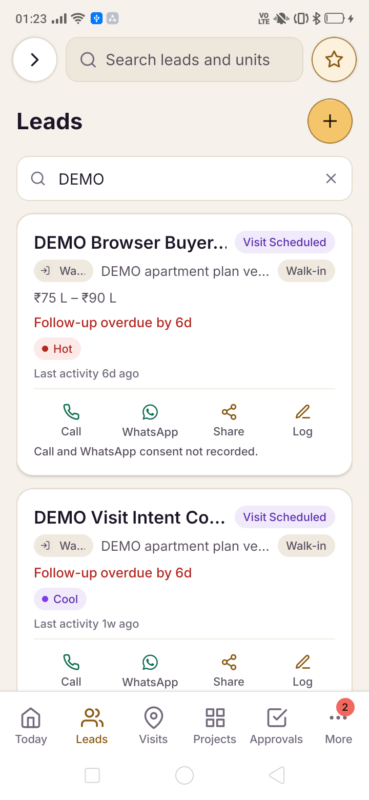 Leads list filtered to DEMO, showing two sample buyers, visit-scheduled stages, overdue follow-ups and manual action buttons.