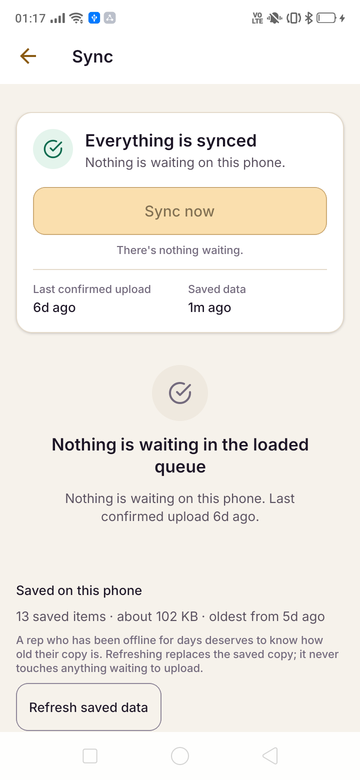 Sync screen with an empty upload queue, last confirmed upload six days ago, saved data one minute ago and 13 saved items.